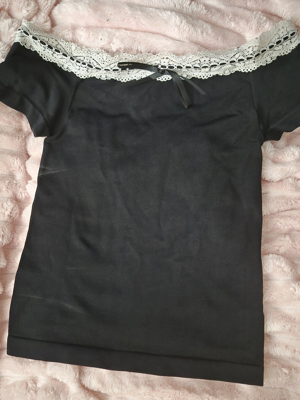 Black Off-Shoulder Crop Top with White Lace Trim